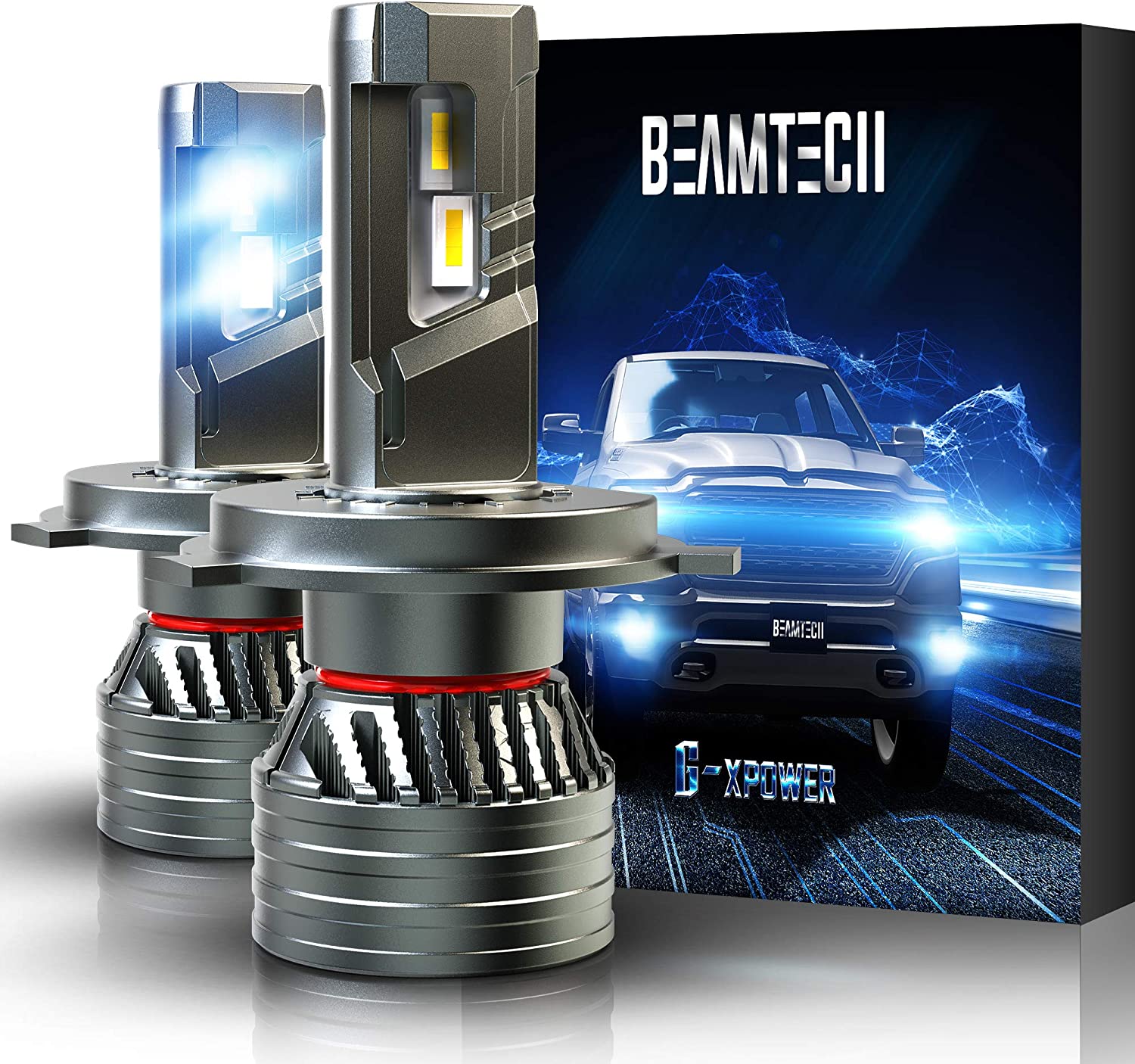 BEAMTECH H4 LED Headlight Bulb, 9003 G-XP Chips 6500K 360 Degree Beam 90W Xenon White Conversion Kits With Fan High Brightness