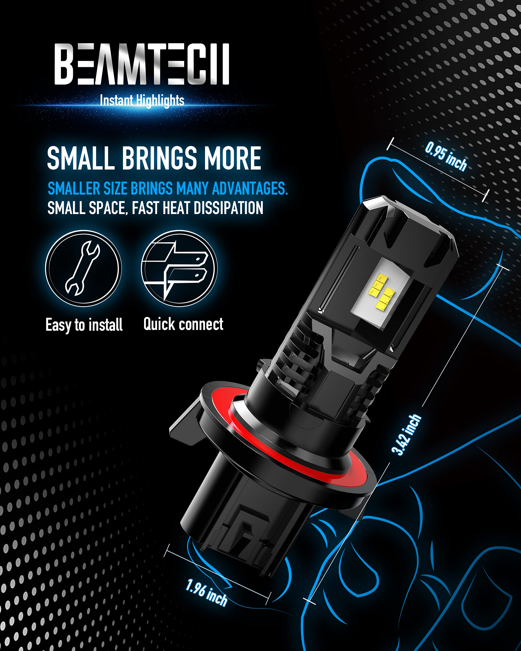 BEAMTECH H13 LED Headlight Bulb, 9008 Halogen Replacement,12000LM 50W Fanless In Line 6500K Xenon White