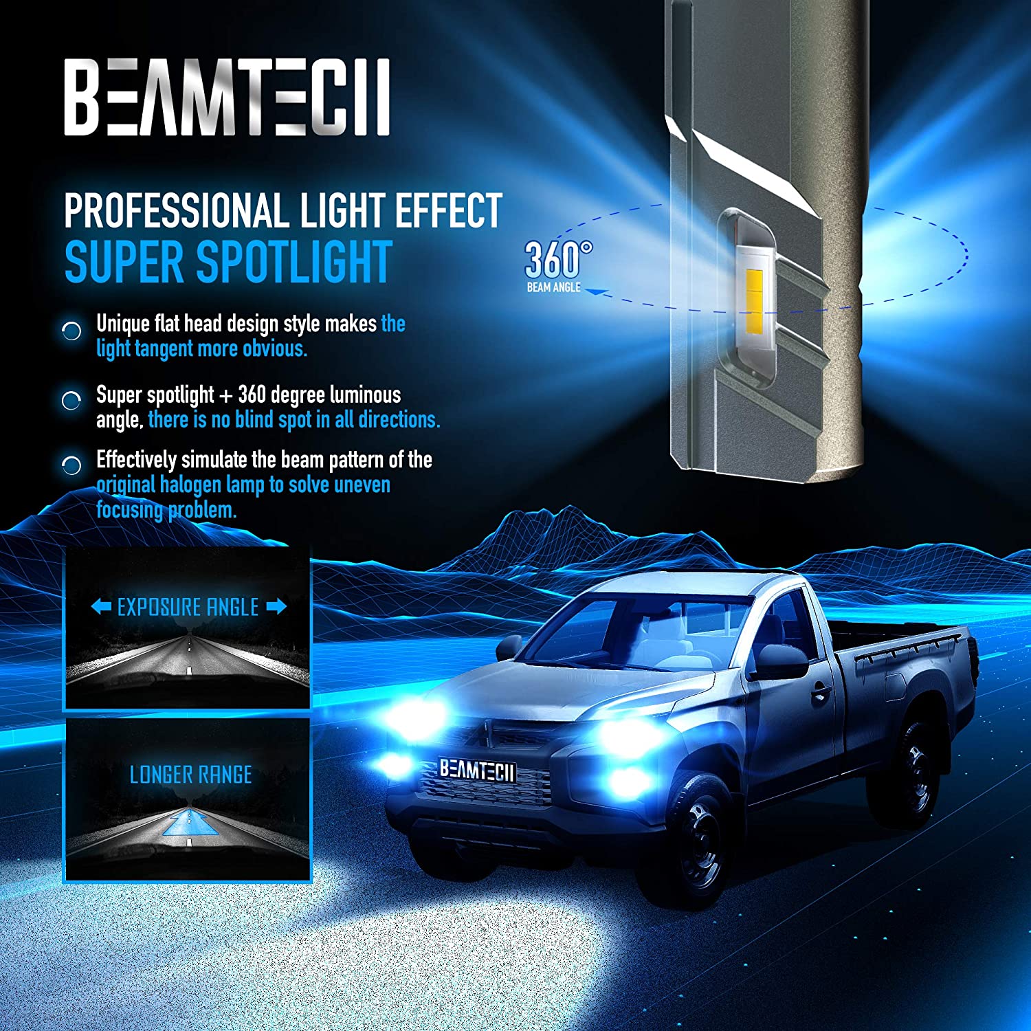 BEAMTECH 9005 LED Bulbs, HB3 G-XP Chips 6500K 360 Degree Beam 90W Xenon White Conversion Kits With Fan High Brightness