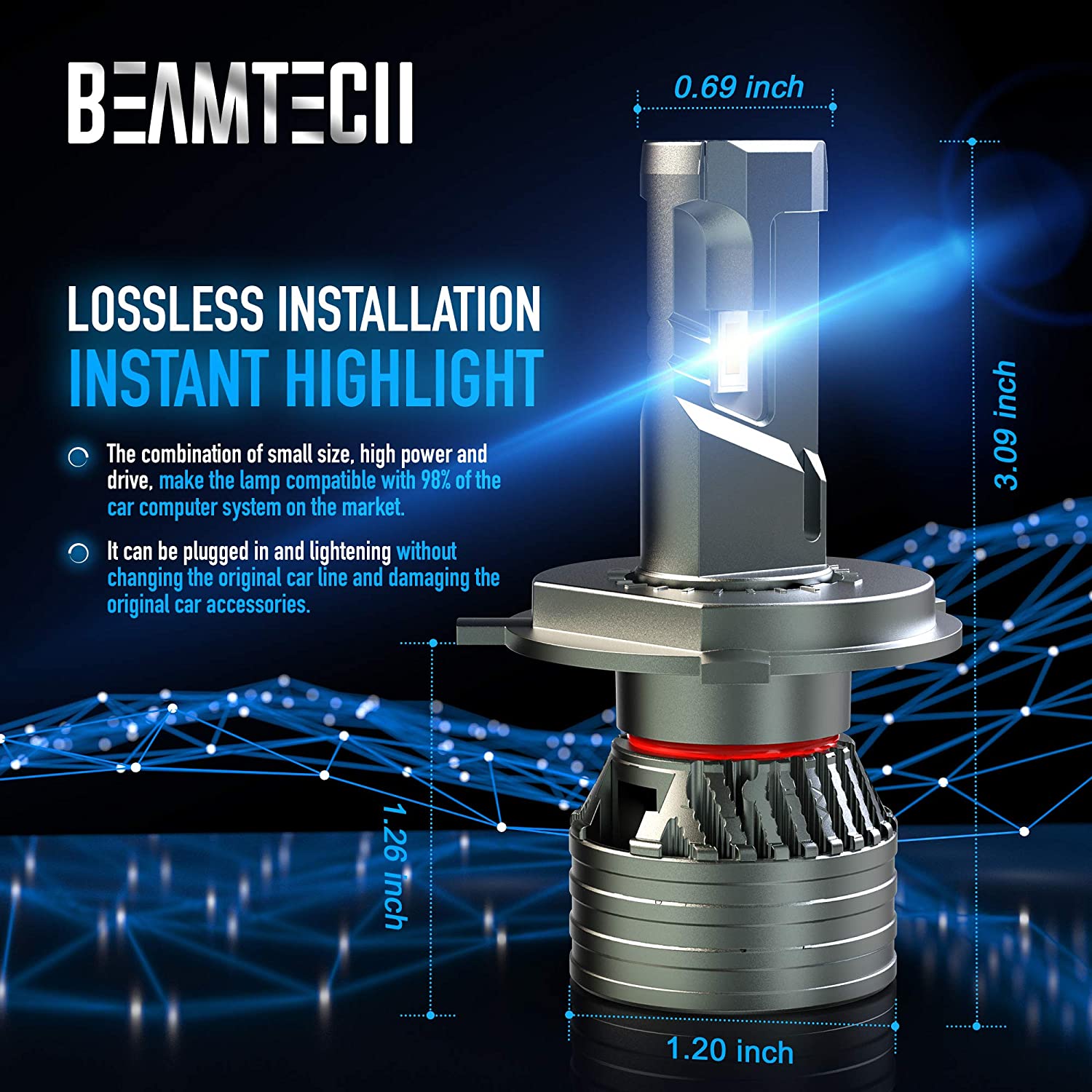 BEAMTECH H4 LED Bulb, 9003 G-XP Chips 6500K 360 Degree Beam 90W Xenon White Conversion Kits With Fan High Brightness