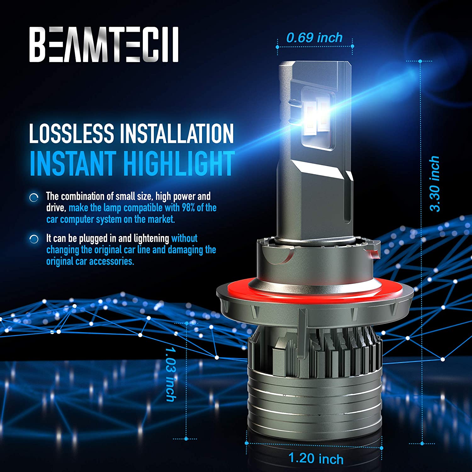 BEAMTECH H13 LED Bulbs, 9008 G-XP Chips 6500K 360 Degree Beam 90W Xenon White Conversion Kits With Fan High Brightness