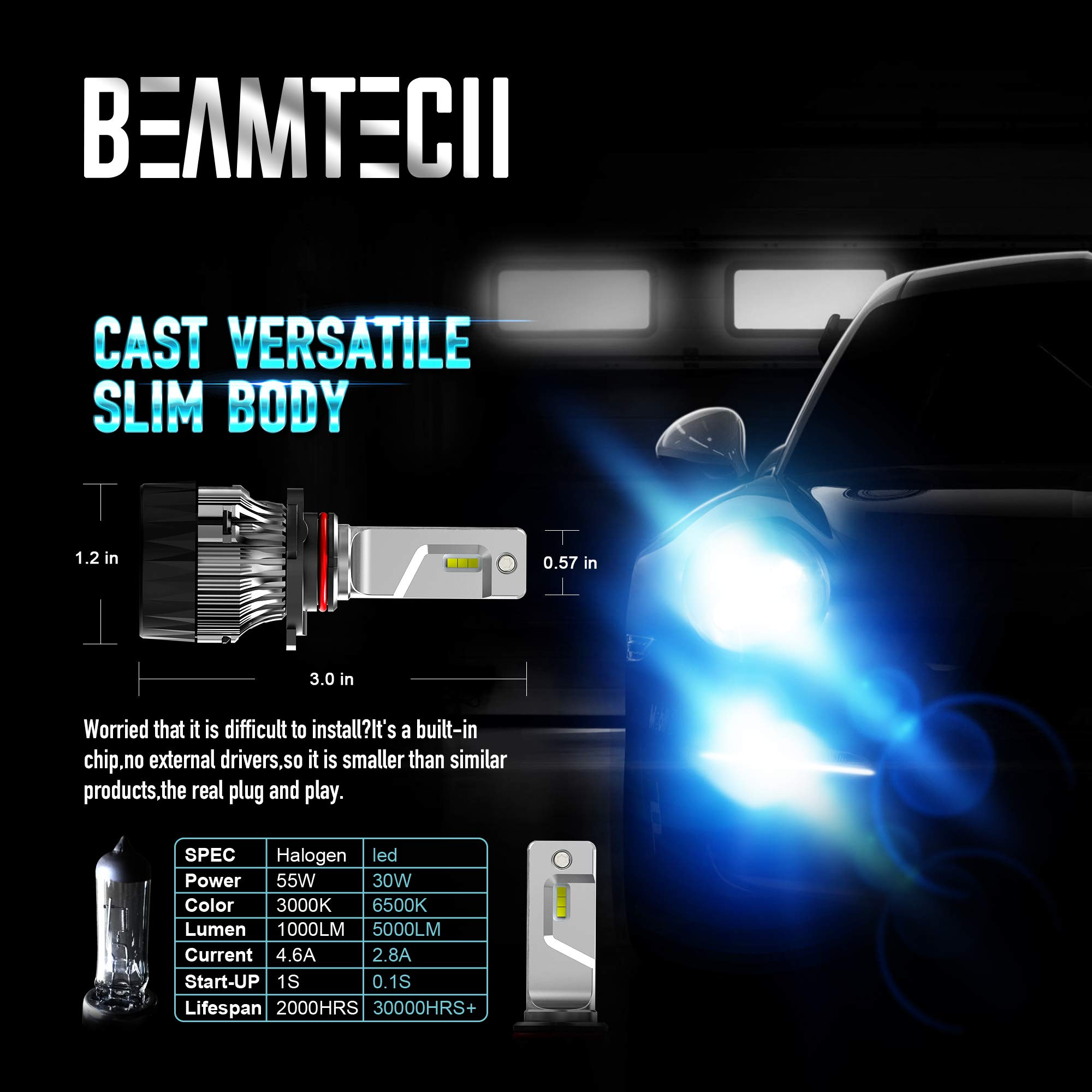 BEAMTECH LED Bulbs,9005 HB3+9006 HB4 10000LM 60W 30mm Heatsink Base CSP Chips 6500K Conversion Kit 2 Sets Xenon White Small Size Halogen Replacement